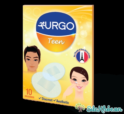 Băng cá nhân Urgo Teen dành cho giới trẻ, thích hợp để dán trên vùng mặt hoặc tay, kín đáo che phủ mụn, vết cắt, trầy xước trên mặt.