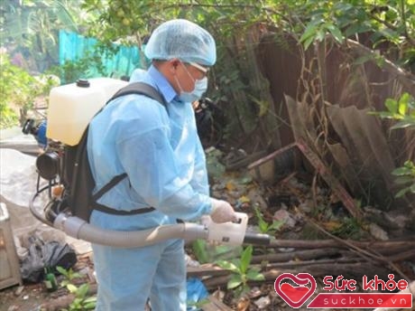 Nhân viên y tế phun thuốc diệt muỗi tại các khu vực rậm rạp.