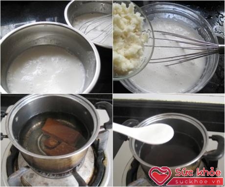 Cho củ năng vào hỗn hợp bột ở trên đồng thời bạn đun đường phèn với nước cho tan hết nha.