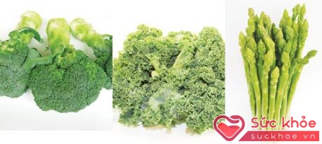 Từ trái sang: Bông cải xanh, cải xoăn, măng tây