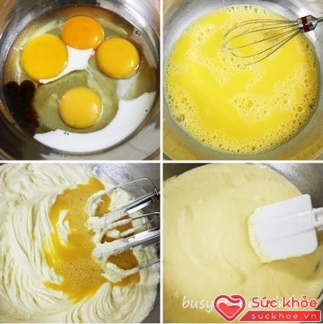 Đánh hỗn hợp trứng sữa rồi cho vào âu bơ.