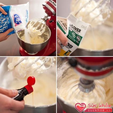 Bạn trộn hỗn hợp bơ, đường bột, vani và kem tươi cho thật đều