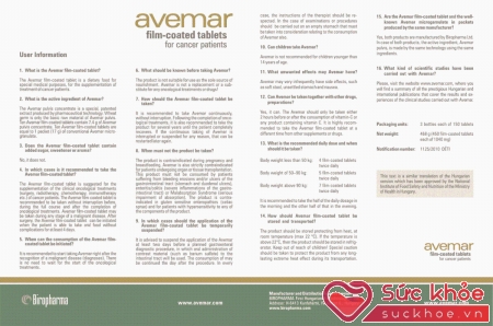 Thông tin hướng dẫn sử dụng của Avemar bằng tiếng Anh.