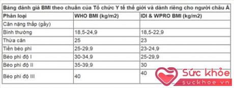 Bảng đánh giá BMI theo chuẩn của Tổ chức Y tế thế giới và dành riêng cho người Châu Á
