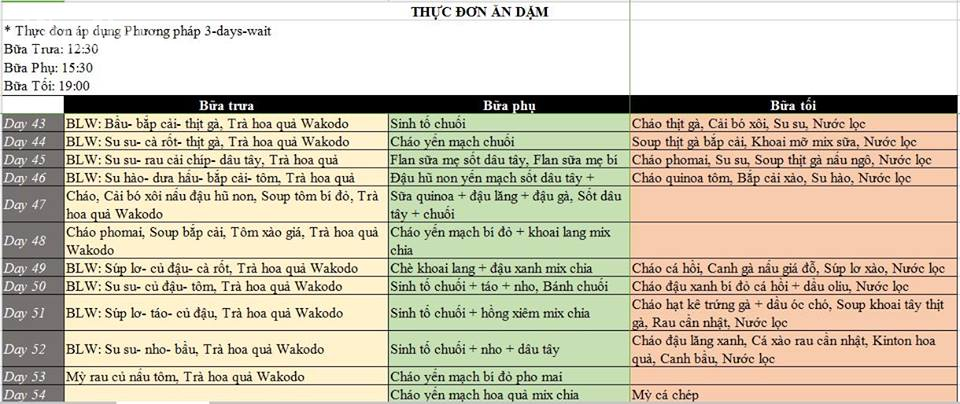 Những thực đơn ăn dặm cho bé được ghi chép chi tiết.